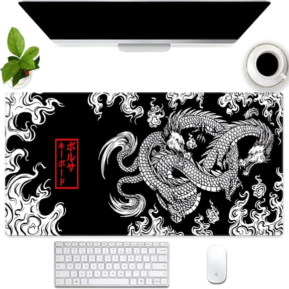 AUQ 2026 New Extended Xxl Large Gaming Mouse Pad with Stitched Edges Non-Slip Rubber Base Mousepad Cool Black and White Dragon Design Computer Pad Keyboard Mouse Pad 31.5 X 15.7 In