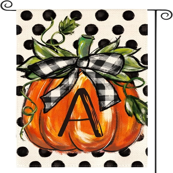AUQ 2026 New Fall Monogram Letter A Garden Flag Polka Dot Pumpkin 12X18 Inch Double Sided Outside,Small Burlap Family Last Name Initial Yard Decoration
