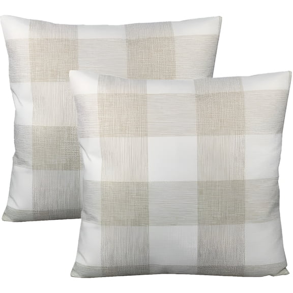 AUQ 2026 New Farmhouse Throw Pillow Covers 18X18 Set of 2 Porch Decor Buffalo Plaids Decorative Retro Rustic Checkers Cotton Linen Square Cushion Cases Home for Sofa Couch Bed, Beige Cream White