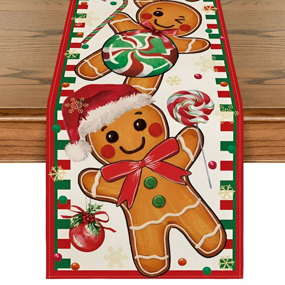 AUQ 2026 New Gingerbread Candy Cane Christmas Table Runner,Christmas Table Runner 48 Inches Long Seasonal Winter Kitchen Dining Table Decoration for Home Party Decor 13X48 Inch