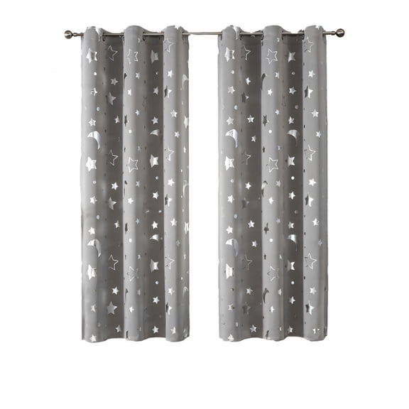 AUQ 2026 New Gray Star Blackout Curtains for Kids Nursery,Silver Star and Moon Printed Small Curtains Thermal Insulated Room Darkening Space Curtain Drapes for Baby Room,2 Panels,52'' X 54''