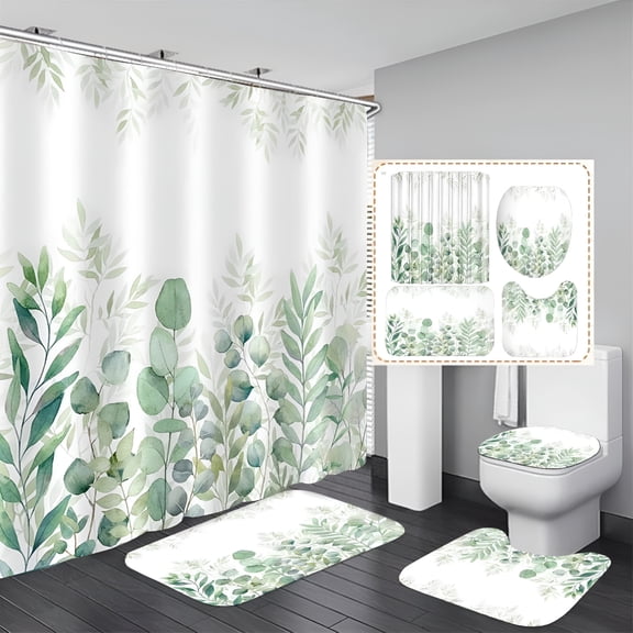 AUQ 2026 New Green Eucalyptus Shower Curtain and Rug Set,16Pc Washable Modern Watercolor Bathroom Decor Set for Bathroom,Shower,Guest Bath,Laundry,Spa Green Bathroom Decor,72" X 72",Green Leaf