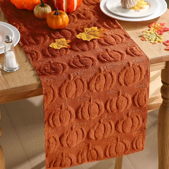 AUQ 2026 New Halloween Pumpkin Table Runner Quilted Plush 3D Table Runners Fall Autumn Caramel Halloween Runners for Tables Kitchen Dining Decorations Party Supplies Fall Table Runner 13X37 Inch