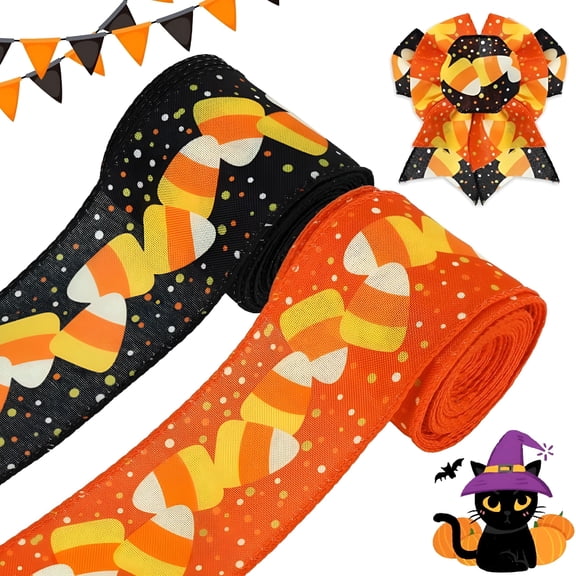 AUQ 2026 New Halloween Wired Edge Ribbon 20 Yards Candy Corn Decorative Ribbon Orange Black Halloween Craft Fabric Ribbon for Holiday Wreath Bow Making Diy Gift Wrapping Supplies