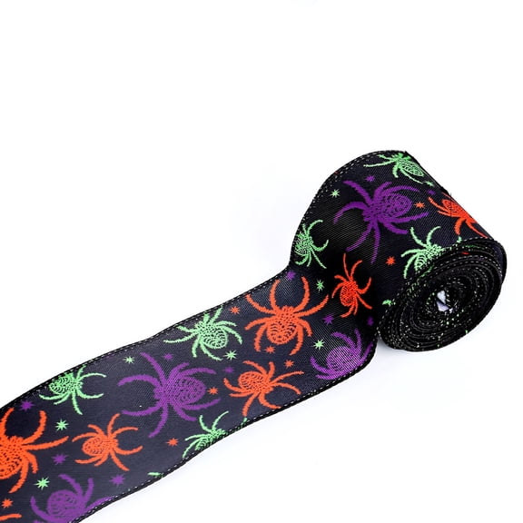 AUQ 2026 New Halloween Wired Edge Ribbon 7 Yard Bat Spider Web Skull Pumpkin Printed Ribbons Wrapping Ribbon for Halloween Party Decoration Wreath Diy Craft