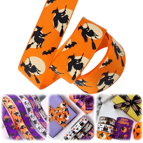 AUQ 2026 New Halloween Wired Edge Ribbon for Wreaths,Bat Spider Web Pumpkin Print Grosgrain Ribbon,Black Cat Witch Ribbon Halloween Party Decorative Ribbon Supplies,1 Roll/10 Yards,Orange