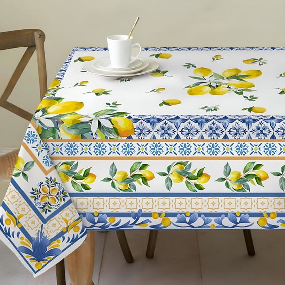 AUQ 2026 New Lemon Tablecloth 60X84" Rectangle - Italian Summer Decor for Home - Water Resistant Mediterranean Blue Bridal Summer Table Cloth Rectangle for Party,Table,Outdoor