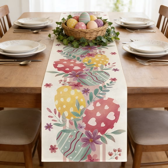 AUQ 2026 New Linen Easter Table Runner,Bunny and Egg Print Spring Decoration for Dining Table,Holiday Home Decor,And Festive Party Setting Table Decorations for Dining Room(E)