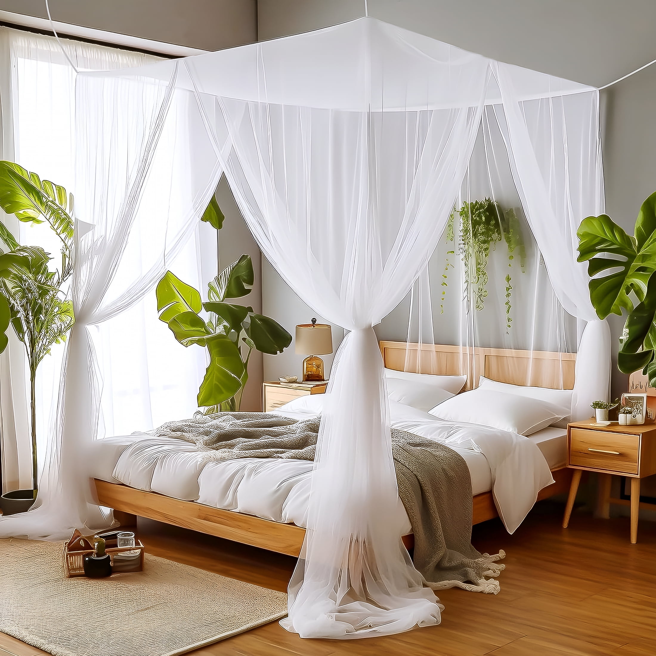 AUQ 2026 New Mesh Mosquito Net,Full Queen King Size Bed Canopy,Four Opening Bed Curtains Canopy Bed Curtains for Bedroom,Dorm,Guest Room,Bed White