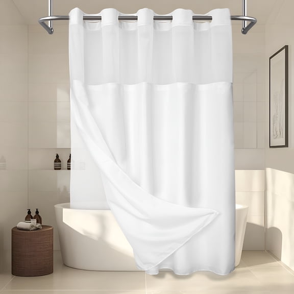 AUQ 2026 New No Hook Slub Textured White Shower Curtain with Snap-In Peva Liner No Hook Shower Curtain,Mesh Window - 71 X 74