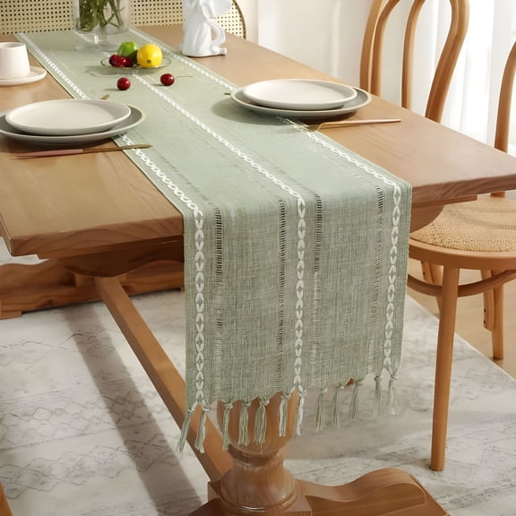 AUQ 2026 New Sage Green Cotton Linen Table Runner,Farmhouse Macrame Table Runners for Dining Table Decor,Wedding,Party and Dresser Decor for Home, Kitchen, Buffet