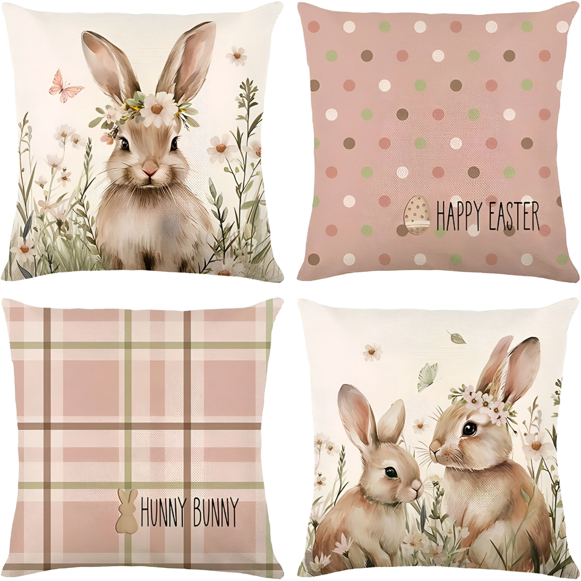 AUQ 2026 New Set of 4 Happy Easter Pink Rabbit Bunny Pillow Covers ...