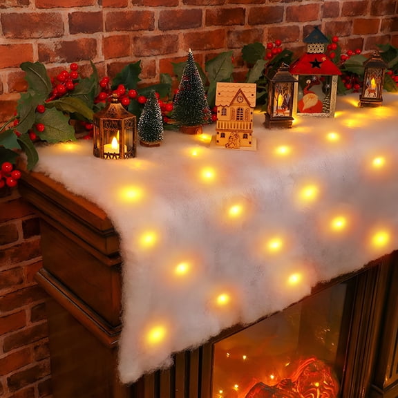 AUQ 2026 New Snow Table Blanket Artificial Snow Table Runner,Snow Mantel Scarf Light Up with Led,Battery Operated,Ropes Table Decor for Christmas Village Display Walls Fireplaces Floors