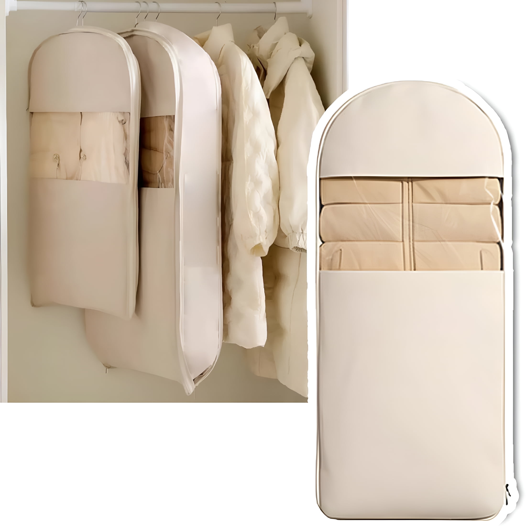 AUQ 2026 New Space Saving Hanging Garment Bag with Self Compression Zipper,New Space Saving Hanging Protector,Winter Coat Storage,Heavy Duty Garment Bag for Down Coat (Beige,All Size-3Pcs)
