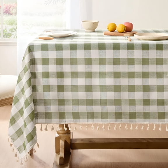 AUQ 2026 New Spring Checkered Tablecloth Rectangle,Outdoor Linen Cotton Gingham Table Cloth with Tassel,Heavy Duty Wrinkle Free Buffalo Plaid Table Cover for Easter Dining Home-55 X 84 Inch,Sage