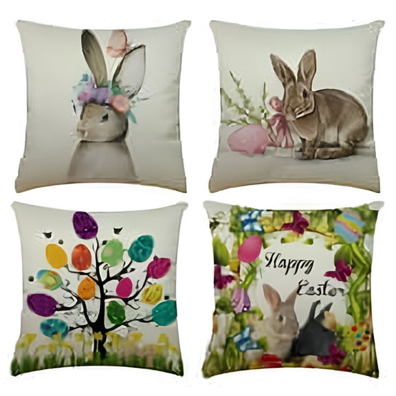 AUQ 2026 New Spring Easter Pillow Covers 18X18 Set of 4,Rabbit Bunny Decorative Throw Pillow Covers,Farmhouse Outdoor Pillowcase Holiday Linen Cushion Case for Couch Sofa Home Decor