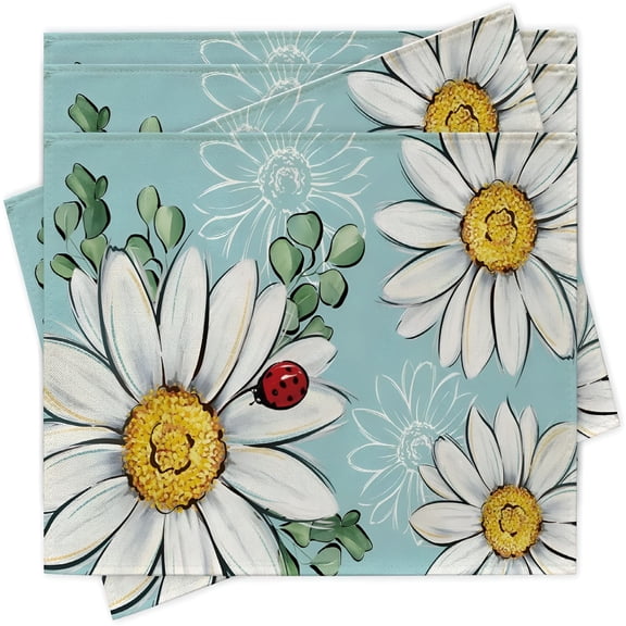 AUQ 2026 New Spring Summer Daisy Flower Placemats Set of 4,Floral Eucalyptus Leaves Blue Dining Place Mats Table Decor,Ladybug Seasonal Home Kitchen Decoration 12 X 18"