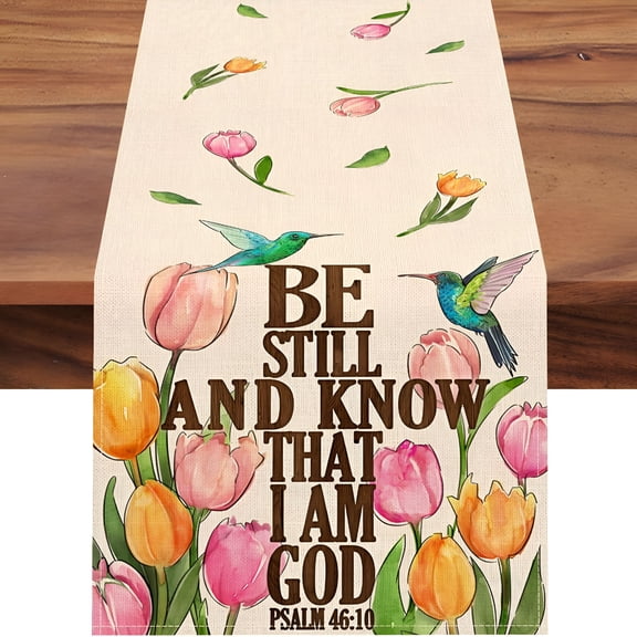AUQ 2026 New Be Still and Know That I Am God Easter Table Runner,Religious Faith Cross Tulip Flower Hummingbird Kitchen Dining Table Decor,Christian Home Decoration Indoor Outdoor Party Supply