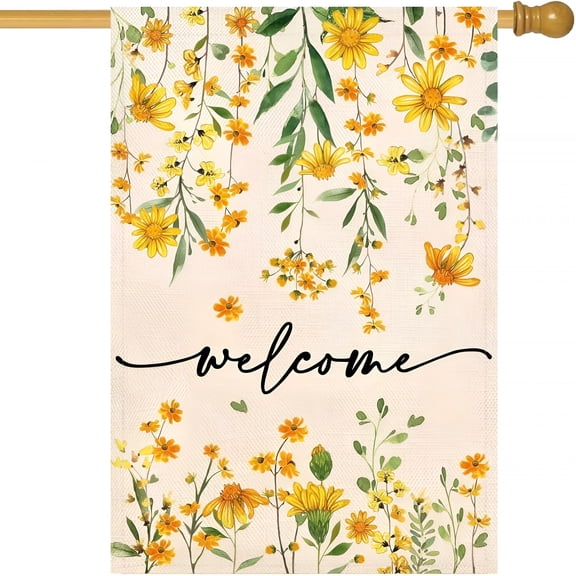 AUQ 2026 New Summer Welcome Floral House Flag 28X40 Inch Double Sided Summer Large Yard Flag Spring Outside Outdoor Seasonal Burlap Flowers Flags Home Patio Decoration