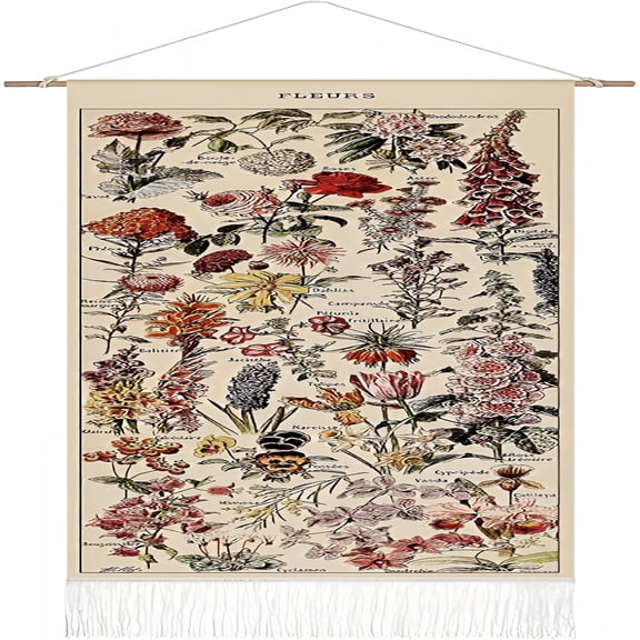 AUQ 2026 New Vintage Tapestry 52 X 13 Inch,Long Vertical Wall Hanging Reference Illustrative Botanical Tassel Tapestry for Bedroom Living Room Home Decoration(Flower)