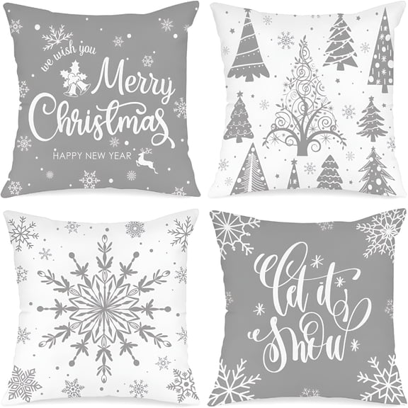 AUQ 2026 New White&Grey Christmas Throw Pillow Covers 18X18 Set of 4,Decorative 18 Inch Gray Winter Snowflake Xmas Cushion Covers Pillow Cases for Home Bedroom Room Holiday Couch Decor Decorations