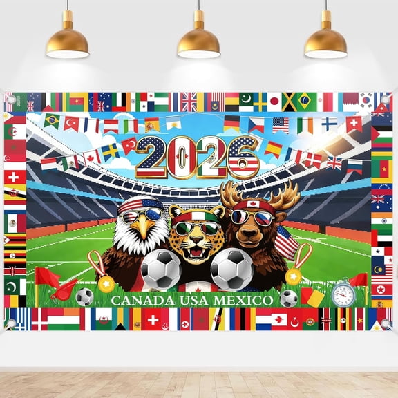AUQ 2026 Soccer Party Decorations Banner,Cartoon Mascot Soccer Backdrop for Watch Party,Animal Sports Celebration Background for Soccer Fans,71 X 43 in Soccer Watch Party Decorations