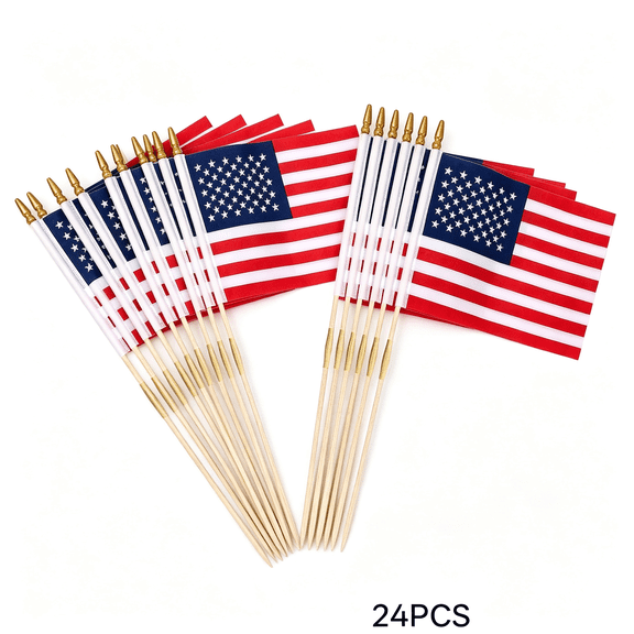 AUQ 24 Packs 12X18" American Flags with Stick,Usa Handheld Flags 12"X18" on Wooden Stick with Kid-Safe Spear Top for Outside Memorial Day,Grave Markers,4Th of July Decorations