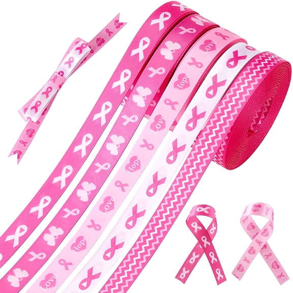 AUQ 24 Yards 5 Styles Breast Cancer Awareness Ribbon 3/8 Inch (10mm) Pink Craft Grosgrain Satin Ribbon Roll for DIY Crafts Hair Party Crafts Present Decorations Sewing Projects