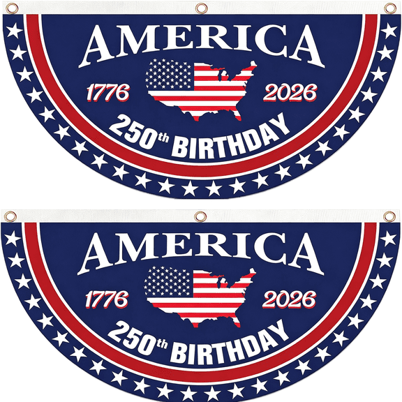 AUQ 250 Year Anniversary Patriotic Fan Bunting Banner 1776-2026,Usa Map Flag Design with Stars,3X6 Ft Large Outdoor Decoration,Brass Grommets,2 Pack