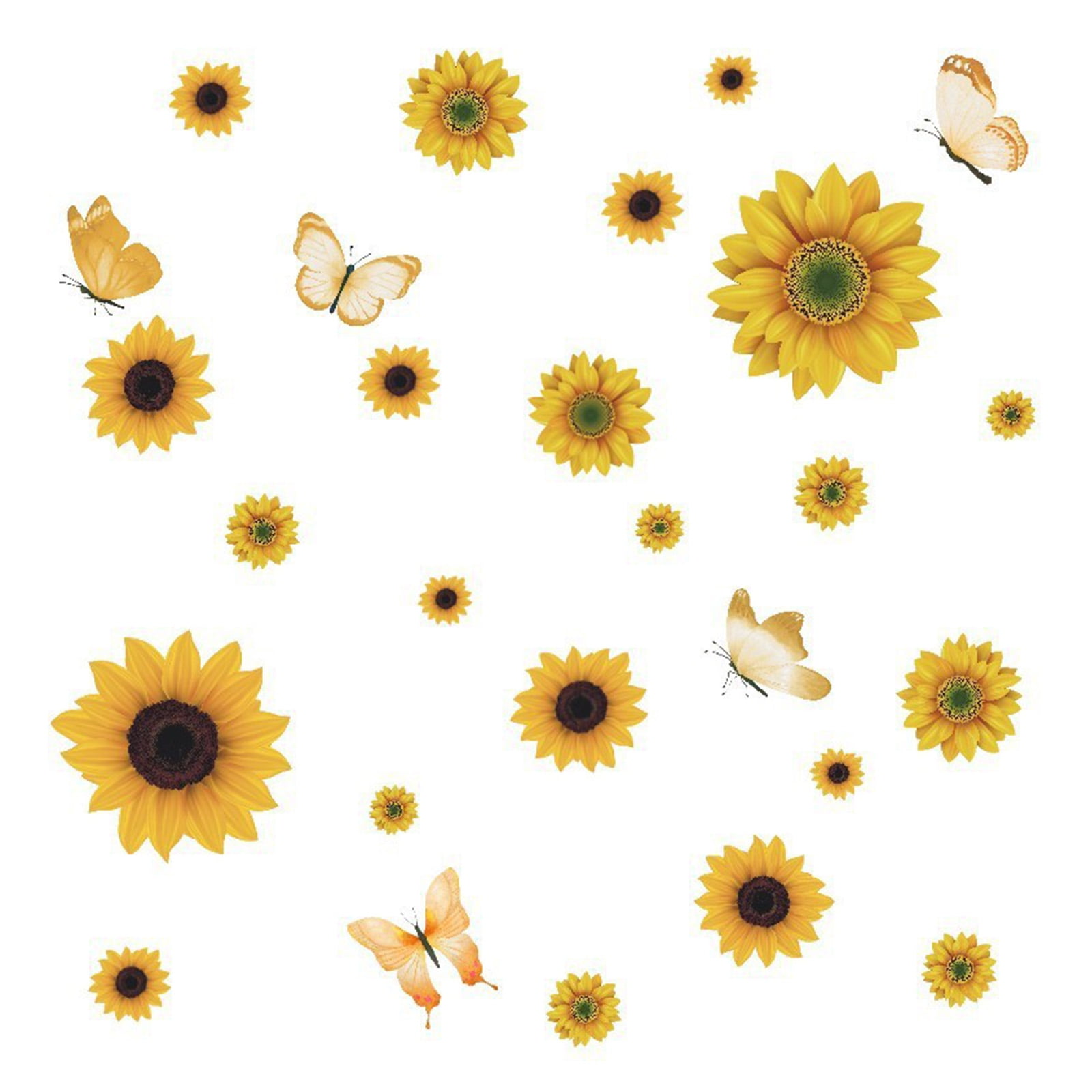 AUQ 27 PCS Sunflower Wall Decals,PVC Material Removable Stickers with Butterfly,Summer Floral Easy Peel and Stick Wall Art for Bedroom,Living Room