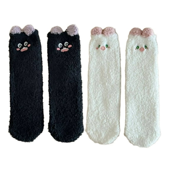 AUQ 2Pairs Socks Charming Design Fuzzy Socks,Anti-Bacterial Cute Animals Long Socks,Black and White