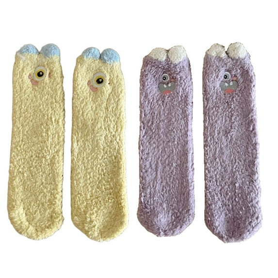 AUQ 2Pairs Socks Charming Design Fuzzy Socks,Anti-Pilling Comfortable Long Socks,Yellow and Purple