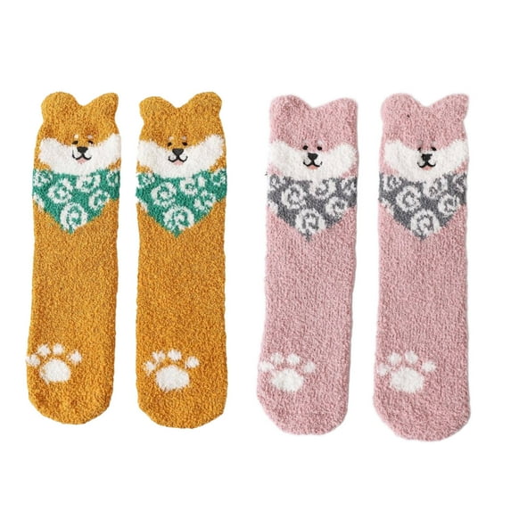 AUQ 2Pairs Socks Comfortable Coral Fleece Fuzzy Socks,Mid-Calf Long Socks for Everyday Comfort,Yellow and Pink
