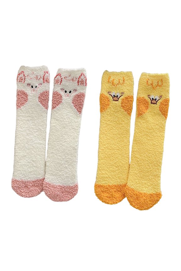 AUQ 2Pairs Socks Comfortable&Unrestrictive Fuzzy Socks,Exquisite Embroidery Design Thick Coral Fleece Long Socks,Style9