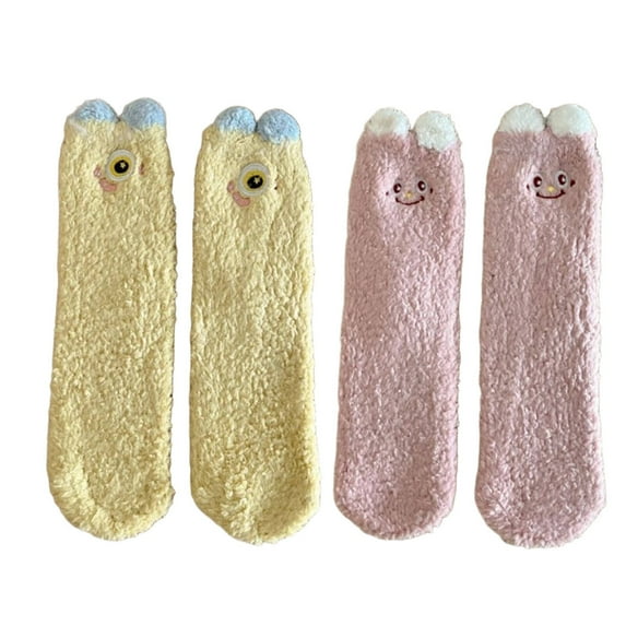 AUQ 2Pairs Socks Comfy Coral Velvet Fuzzy Socks for Maximum Warmth,Charming 3D Animal Embroidery Long Socks for Home Comfort,Anti-Slip Long Socks for Extra Safety,Yellow and Pink