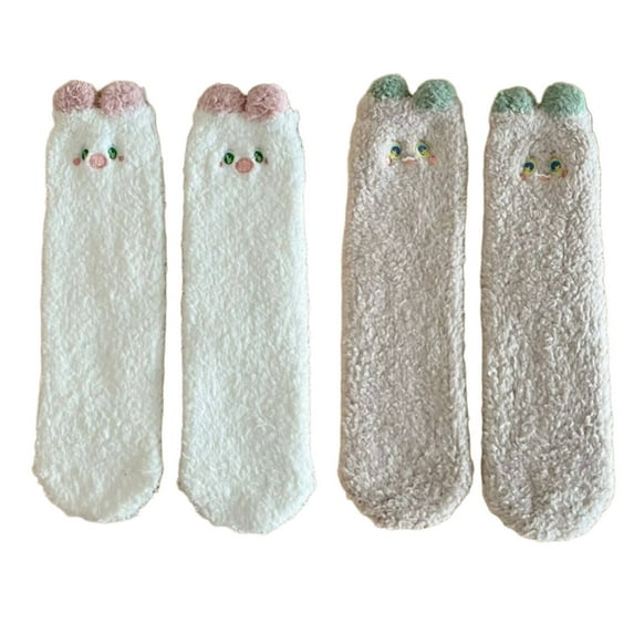AUQ 2Pairs Socks Cozy Coral Velvet Fuzzy Socks for Winter Days,Fun Animal Embroidery Long Socks for Relaxing,Non-Slip Long Socks for All-Day Comfort,White and khaki