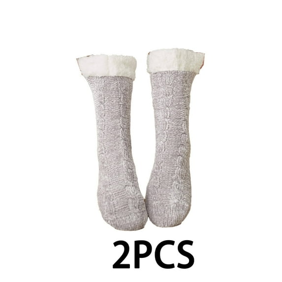 AUQ 2Pairs Socks Leg Protection Fuzzy Socks,Christmas Pattern Stable Walking Long Socks,Light Gray