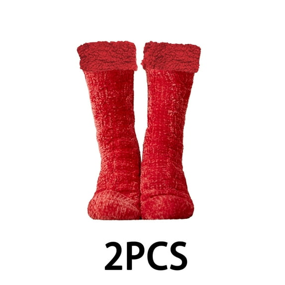AUQ 2Pairs Socks Non-Slip Design Fuzzy Socks,Fleece Lining Thickened Acrylic Long Socks,Red