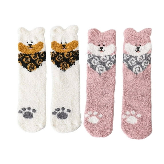 AUQ 2Pairs Socks Perfect Fit Fuzzy Socks,Comfort Fit Thick and Warm Long Socks,White and Pink