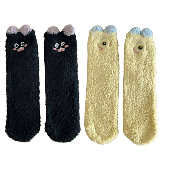 AUQ 2Pairs Socks Safe Walk Fuzzy Socks,Anti-Pilling Thick Coral Fleece Long Socks,Black and Yellow