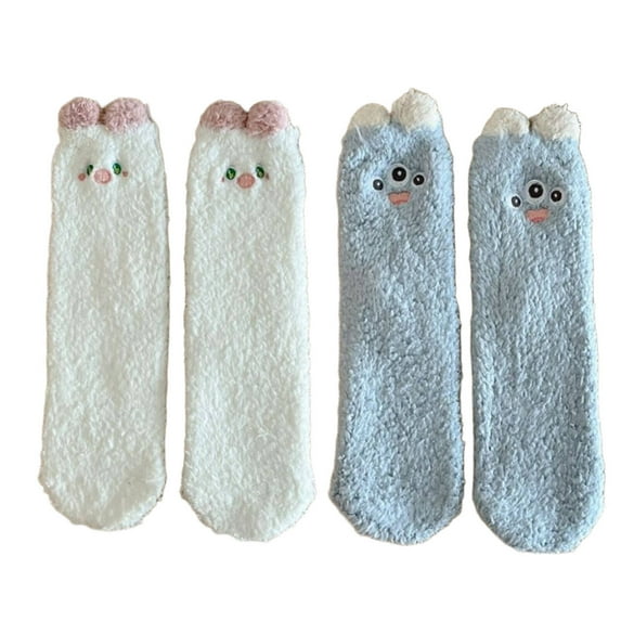 AUQ 2Pairs Socks Soft Fuzzy Socks for Winter Comfort,Adorable Animal Embroidered Long Socks for Cozy Wear,Non-Slip Long Socks for Safety,White and Blue
