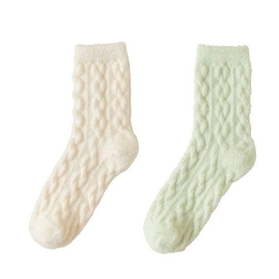 AUQ 2Pairs Socks Thick and Warm Fuzzy Socks,Macaron Color Scheme Anti-Slip and Friction-Free Long Socks,White and Green