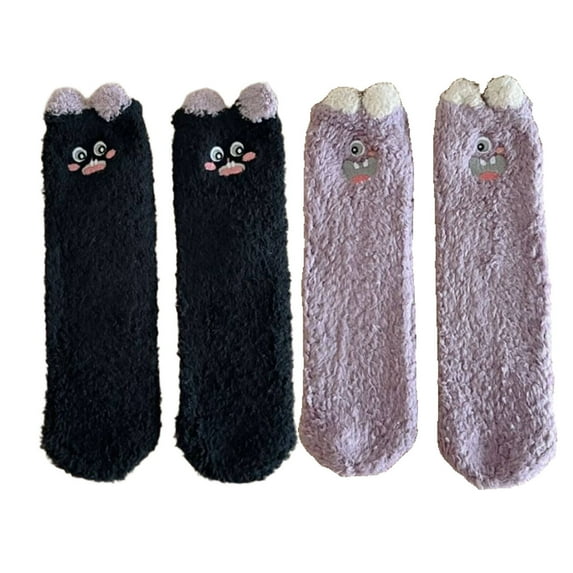 AUQ 2Pairs Socks Ultra-Soft Fuzzy Socks for Cold Days,Whimsical 3D Animal Ear Design Long Socks for Relaxing,Non-Slip Long Socks for Cozy Comfort,Black and Purple