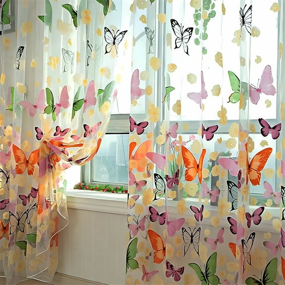 AUQ 2026 New 2Pcs Butterfly Window Panels Drapes Curtains Sheer Voile Tulle Home Room 39.4 X 78.8, 2 Pieces of Printed Butterfly Curtains