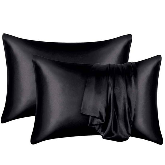 AUQ 2Pcs Silk Pillow Cases Envelope Closure Satin Pillow Case Reduce Skin Friction Silk Pillowcases 20x26in,Black