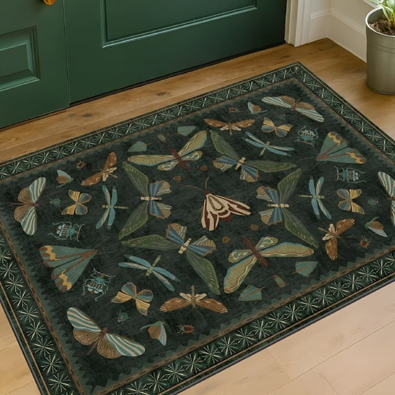 AUQ 2X3 Entry Way Rugs Indoor -Shoe Mat for Entryway Dark Green Small Throw Rug for Kitchen,Bathroom,Insect Boho Design,Washable Non Slip Stain Resistant