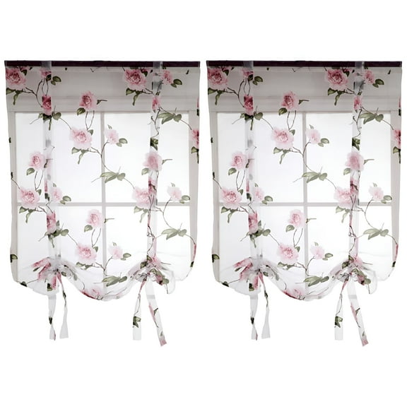 AUQ 2pcs Floral Roman Curtain Semi Sheer Window Shade Sling Tie Blinds for Living Room Balcony Bedroom 1.2*1.6m (Pink)