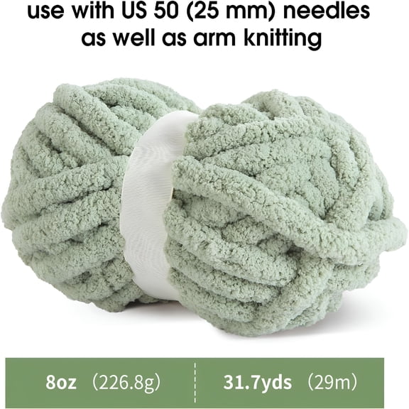 AUQ 2pcs Sage Green Chunky Chenille Yarn for Blanket,Super Bulky Soft Thick Fluffy Jumbo Giant Washable Polyester Big Yarn for Hand Knitting DIY Arm Knitting Throw Rugs Pillow