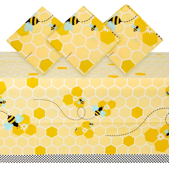 AUQ 3 Pack Bee Tablecloth,For Kids Birthday Party,Baby Shower,Bumble Bee Gender Reveal Decorations,Girl Baby Shower Decorations (54 X 108 In)