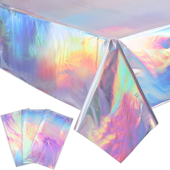 AUQ 3 Packs Iridescent Plastic Tablecloths 54 X 108 Inch Shiny Disposable Rectangle Table Covers Holographic Foil Table Cloths for Parties